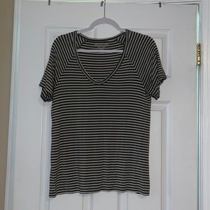American Eagle olive green and white striped short sleeve shirt with a v neck